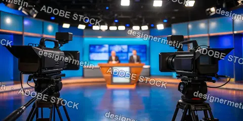 Two News Cameras Pointed At Blurred Presenters Sitting At Desk In Modern Television Studio Set