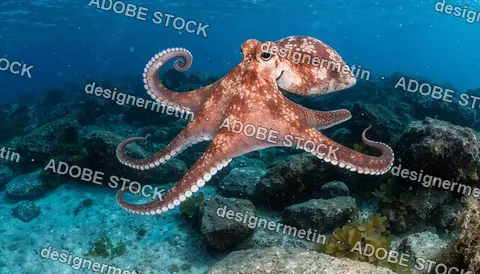 Common Octopus Mediterranean Ocean Vibrant Marine Life Underwater Scene With Sandy Seabed And Coral Reefs