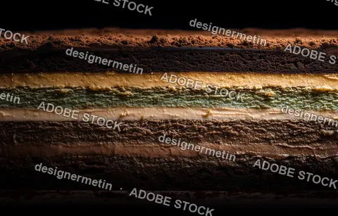 Layered Ice Cream Cake With Pistachio, Chocolate And Vanilla Flavors, Topped With Cocoa Powder