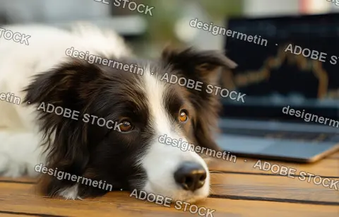 Cute Border Collie Dog Looking Directly On A Wooden Table With A Blurred Laptop Showing Charts