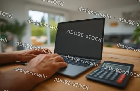 Young Person Hands Typing Busy On Laptop Keyboard With Calculator On Wooden Table At Home