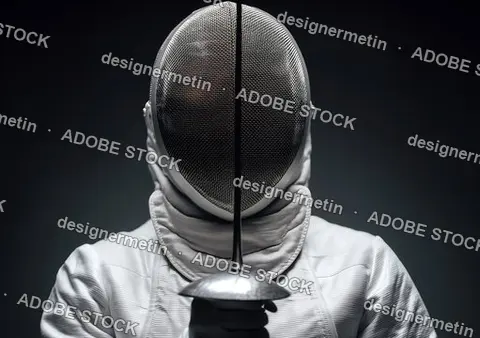 Fencing Athlete Wearing Protective White Uniform Fencing Mask And Holding A Foil Against Dark Background