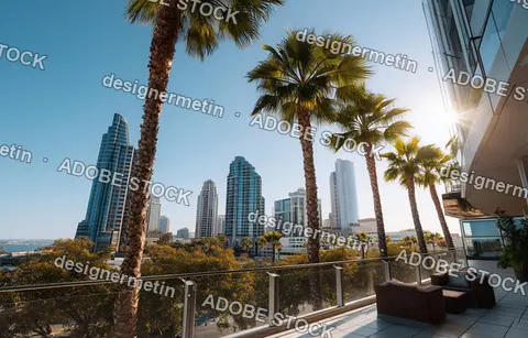 Sunny Urban Skyline With Towering Modern Buildings And Lush Palm Trees Framing A Rooftop Patio