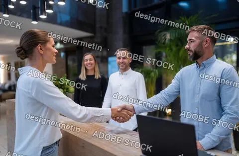 Young Business People Shaking Hands In Modern Lobby Or Reception Area With Colleagues Watching