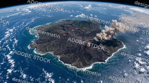 Stunning Aerial View Of Volcanic Island Erupting With Smoke Plume Over Deep Blue Ocean And Clouds