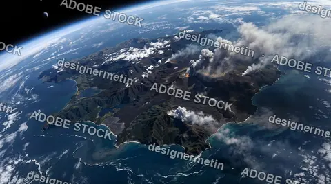 View Of Earth From Space With Volcanic Island Spewing Ash Into Atmosphere And Distant Moon Visible