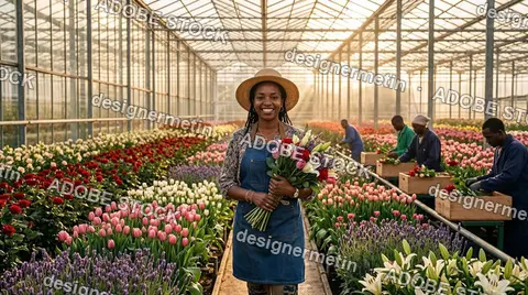 Smiling Black Female Flower Seller Holding Bouquet In Sunny Greenhouse With Workers And Colorful Plants