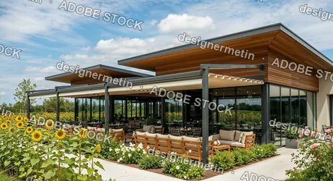 Modern Restaurant Patio With Wooden Seating, Comfortable Cushions, Blooming Sunflowers And Rose Bushes Under A Blue Sky