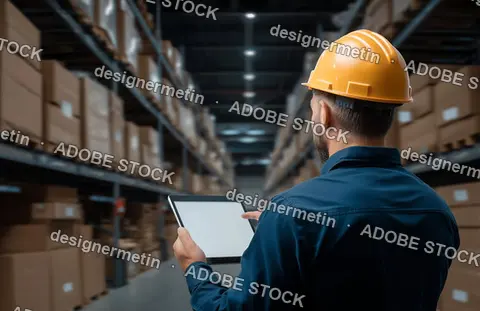 Male Logistics Manager Using Digital Tablet To Track Inventory Levels And Manage Supply Chain In Large Warehouse.