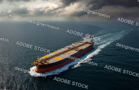 Large Industrial Oil Tanker Ship Sailing Through Deep Blue Ocean Waters Under Dramatic Cloudy Sky During Sunset