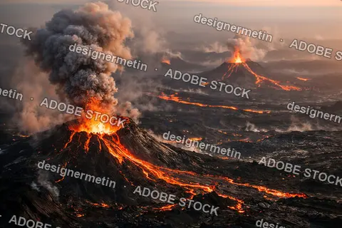 Dramatic Volcanic Eruption Landscape With Flowing Lava Rivers Smoke Ash Clouds And Glowing Magma Across Rugged Terrain