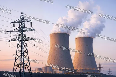 Large Nuclear Power Station With Cooling Towers Releasing Steam Beside Transmission Lines Representing Industrial Electricity Generation