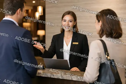 Hotel Concierge Assisting Couple At Reception Desk Using Laptop Delivering Professional Hospitality And Travel Support