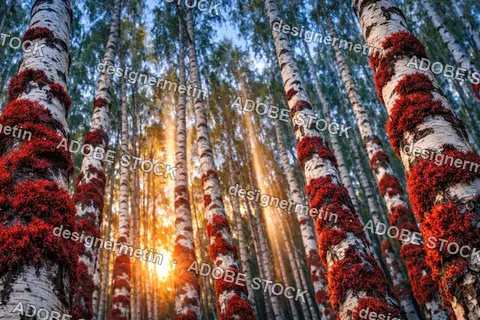 Sunlight Rays Shining Through Tall Birch Forest With Red Moss Creating Mystical Natural Woodland Atmosphere