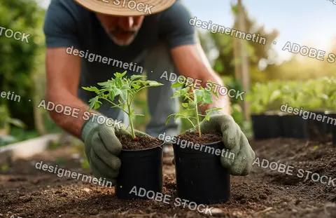 Gardener Carefully Transplanting Young Tomato Seedlings Into Soil During Sunny Morning Sustainable Organic Farming Activity