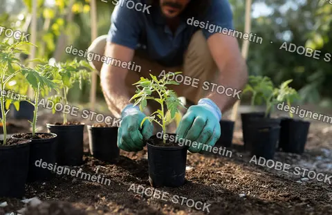 Focused Gardener Planting Tomato Seedlings Into Fertile Soil In Backyard Vegetable Garden During Warm Sunlight