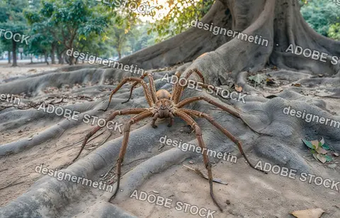 Giant Spider Rests Across Exposed Tree Roots In A Surreal Natural Scene Blending Wildlife Tension And Fantasy