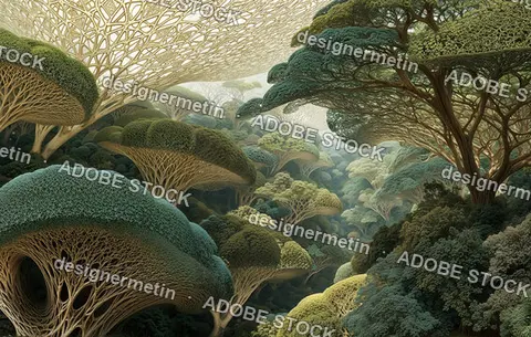 Dreamlike Organic Forest Landscape Reveals Intricate Woven Canopies And Sculptural Trees In A Visionary Sustainable Ecosystem Scene