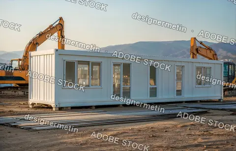 Portable Office Container Stands At Active Construction Site With Excavators And Mountains Representing Flexible Industrial Infrastructure Solutions