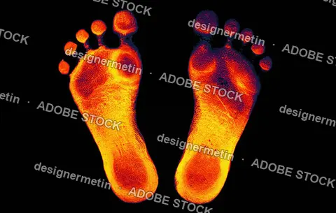 Thermal Imaging Visualization Of Human Foot Pressure Zones Illustrating Circulation Heat Mapping And Healthcare Technology Concept Concept
