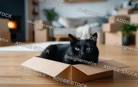 Playful Black House Cat Sitting Inside Cardboard Moving Box Observing Surroundings In Bright Modern Apartment Interior Concept