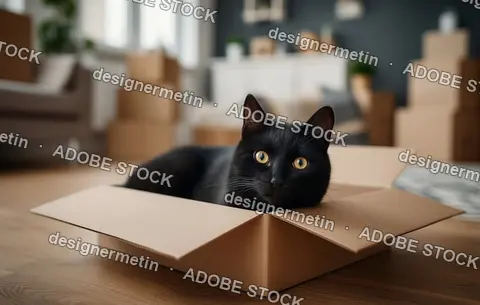Curious Black Cat Resting Comfortably Inside Open Cardboard Box In Cozy Living Room During Home Relocation Concept