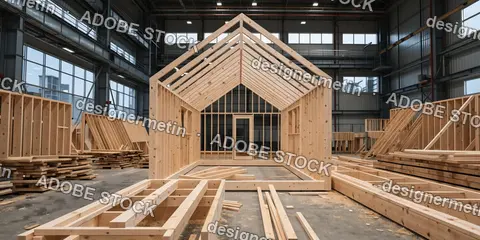 Wooden Tiny House Frame Under Construction Inside Factory Representing Sustainable Housing Design Innovation And Craftsmanship
