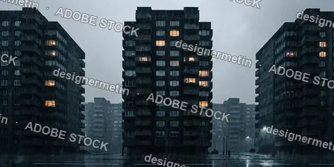 Dark Brutalist Apartment Towers During Heavy Rain With Glowing Windows Creating Dramatic Urban Housing Atmosphere