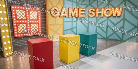Colorful Retro Television Game Show Studio Stage With Bright Lights Podiums Vibrant Entertainment Set Design