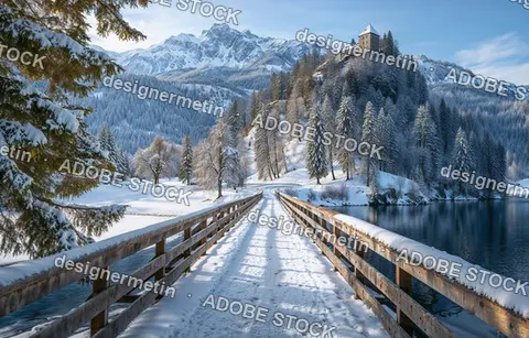 Snow Covered Wooden Bridge Leads Toward A Distant Castle In A Picturesque Winter Mountain Landscape With Lake.
