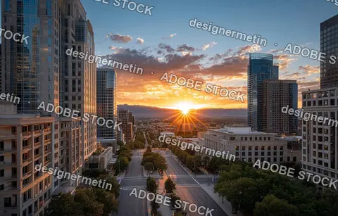 Sunset Over A Modern City Skyline With Tall Buildings And A Wide Street Leading Towards Distant Mountains