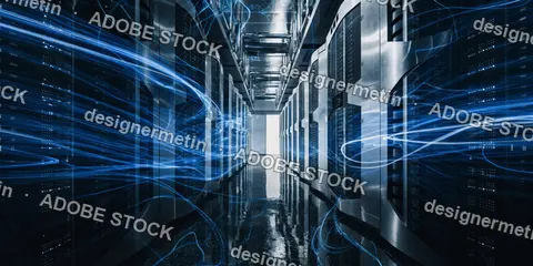 Modern Data Center Room With Glowing Blue Light Trails Representing High Speed Internet Connectivity And Cloud Computing.
