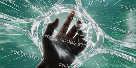 Hand Reaching Through Liquid Glass Interface With Green Digital Data Streams Representing Futuristic Technology And Human Connection.