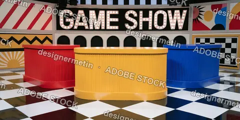 Colorful Game Show Set Featuring Red Yellow And Blue Podiums With Marquee Lights And Checkered Floor Background