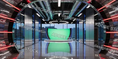 Futuristic Broadcast Television Studio Interior With Curved Green Screen Stage Circular Metallic Portal And Industrial Ceiling Pipes