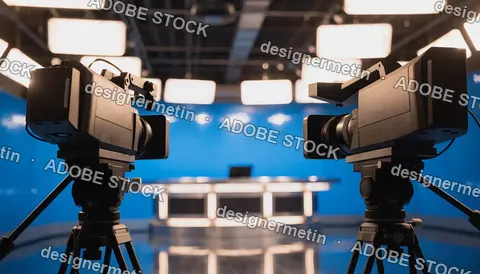 Two Professional Video Cameras On Tripods In A Modern Television News Broadcast Studio With Blue Screen Background