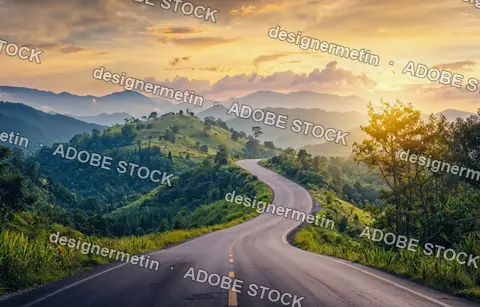 Curving Mountain Highway Crossing Verdant Hills Toward Layered Ridges Under Glowing Sunset Clouds And Soft Distant Haze