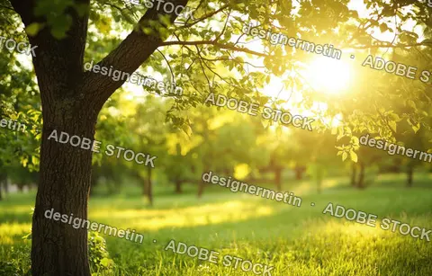 Sunlit Orchard Tree With Glowing Leaves And Warm Flare Above Soft Grass In A Tranquil Summer Meadow