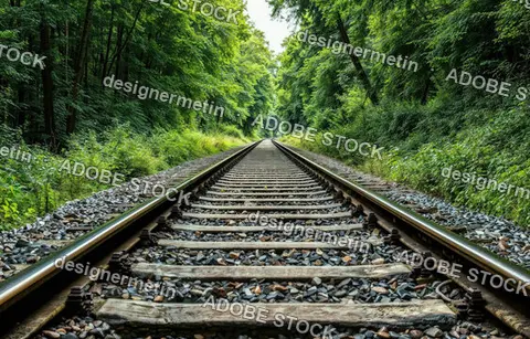 Railway Tracks Stretching Through Dense Green Woodland With Stony Ballast And Strong Central Perspective Far Ahead Onward