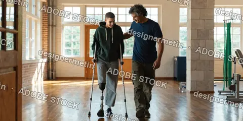 Rehabilitation Center Scene Showing Patient With Prosthetic Leg Walking With Therapist Support Highlighting Recovery Progress And Medical Care