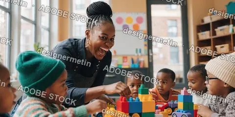 Joyful Teacher Engaging Young Children With Colorful Building Blocks In Bright Classroom Promoting Creativity Learning And Development