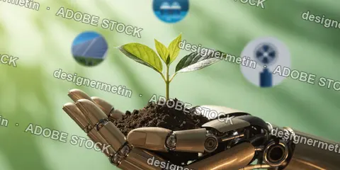 Advanced Robotic Hand Holding Soil With Growing Plant Symbolizing Sustainable Technology Innovation And Future Environmental Responsibility Concept