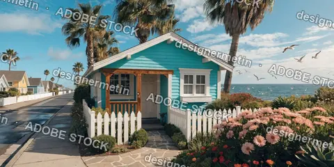 Charming Coastal Beach Cottage With Palm Trees Ocean View And Vibrant Flowers Representing Peaceful Seaside Lifestyle And Vacation Living