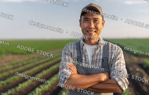 Portrait Of Smiling Mature Asian Male Farmer Standing With Arms Crossed In Vast Green Organic Vegetable Field