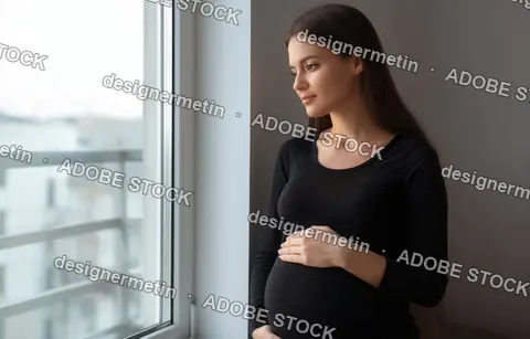 Pregnant Woman In Black Clothes Standing By Window Holding Her Belly And Looking Outside With Peaceful Expression