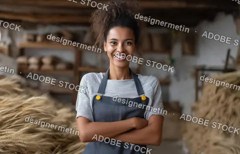Smiling Young Female Baker Standing In Rustic Bakery With Arms Crossed Showcasing Confidence And Small Business Success
