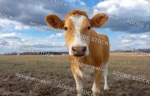 Curious Young Cow Standing In Open Field Looking Directly At Camera In Rural Landscape With Cloudy Sky Background