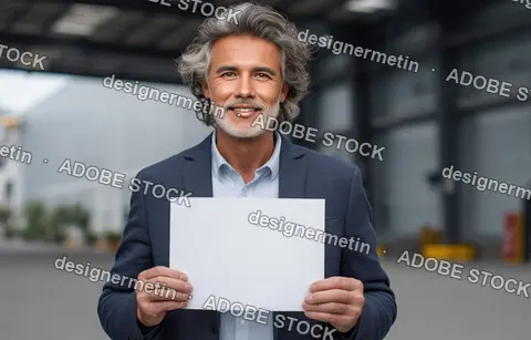 Confident Mature Businessman Holding Blank Sign For Advertising Message Standing In Modern Industrial Workplace Environment