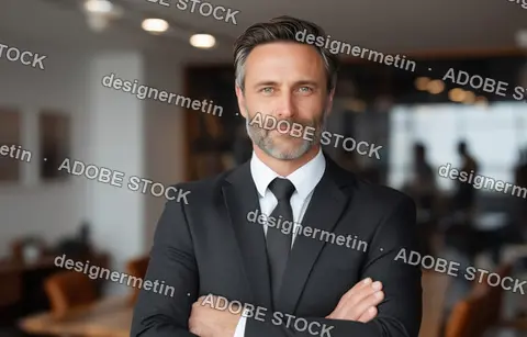 Confident Businessman In Suit Standing With Arms Crossed In Modern Office Interior Symbolizing Leadership And Corporate Success