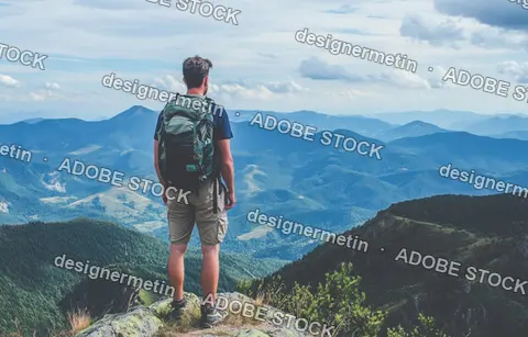Adventurous Hiker Standing On Mountain Peak Overlooking Vast Landscape Representing Exploration Freedom And Outdoor Travel Lifestyle Concept